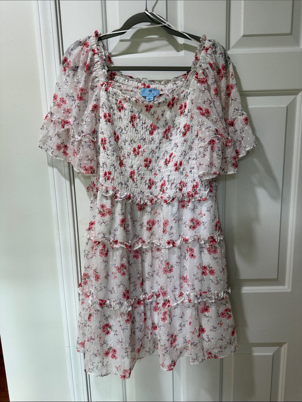 CeCe White Floral Smocked Dress with Coral and Blue Blooms